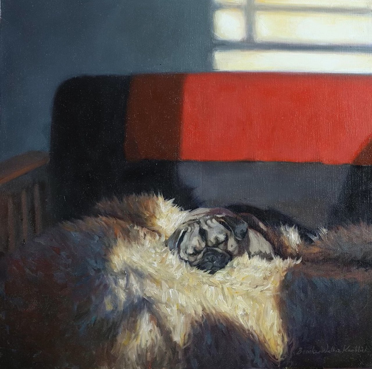 Pug portrait painting dog sleeping on couch in sun original oil by Brooke Walker-Knoblich