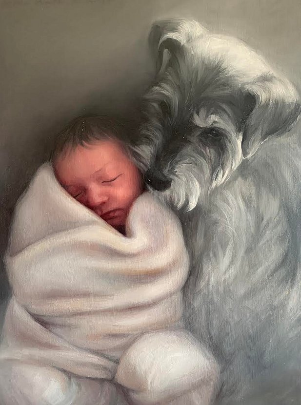 Custom Portrait Painting baby with Dog by Brooke Walker-Knoblich